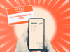  a hubspot featured image of a halftone blue and white phone with a paid invoice on its screen, next to a nametag that says ‘hello my name is accounting software crm’